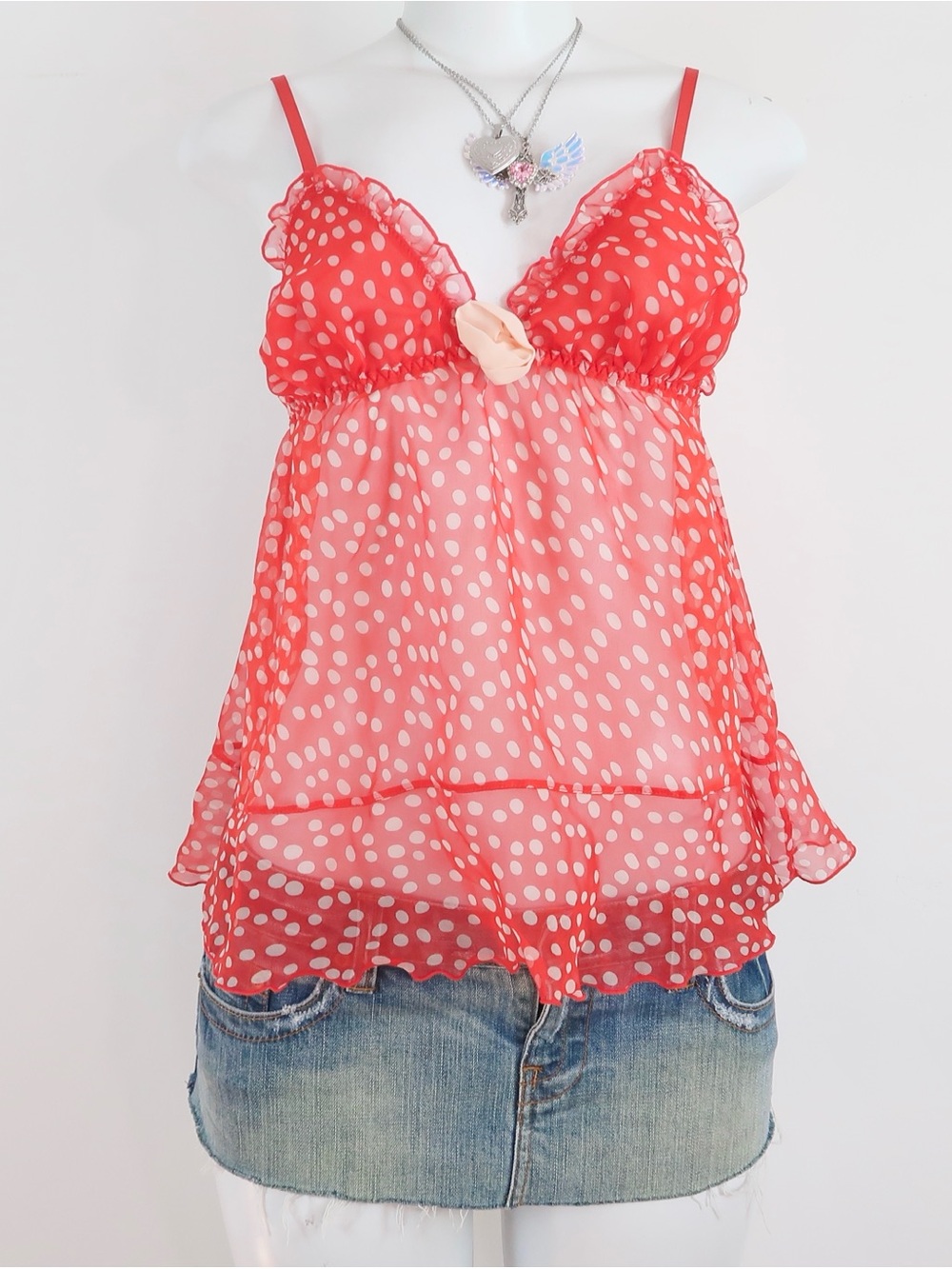 y2k red polka dot sheer mesh cami ruffle trim